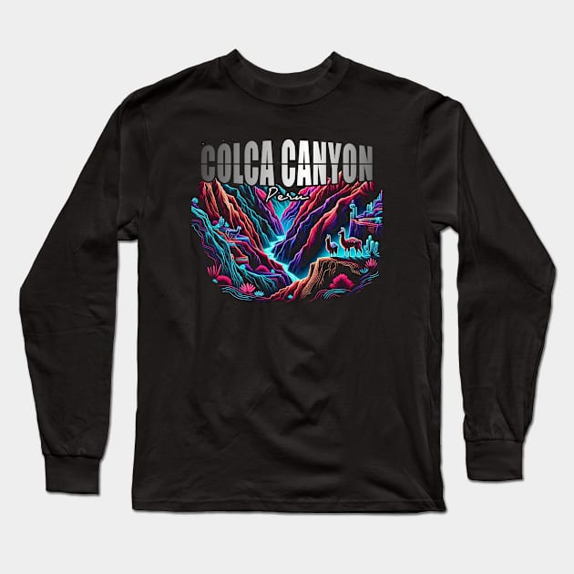 Colca Canyon Peru Artistic Llama and River Gorge Long Sleeve T-Shirt by Sambastyles